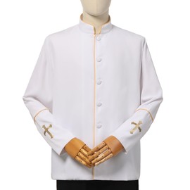 Mens Clergy Coat Church Priest Robe Vestment Stand Up Collar Button Down Top Outwear for Pastor, White Gold, XX-Large