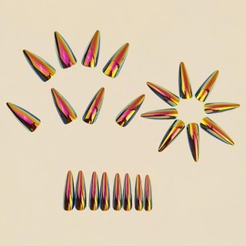 Chrome Press on Nails Almond Medium Fake Nails with Gold Chrome Designs Metallic Laser Glossy Acrylic False Nails Shiny Full Cover Glue on Nails Reusable Stick on Nail for Women 24Pcs