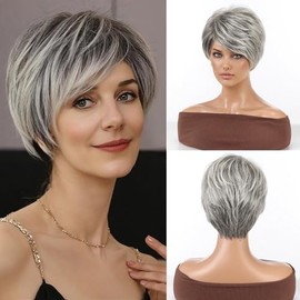 RSY Pelucas de Corte Pixie para Mujer, Mezcla de Cabello Humano, Fibra Saludable con Color Natural, Adecuadas para La Pérdida de Cabello Y para Un Cam