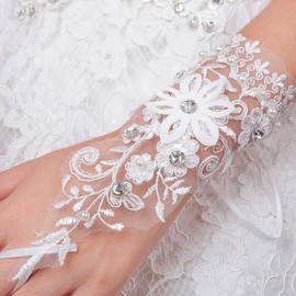 IYOU Bridal Wedding Gloves White Rhinestone Lace Gloves Flowers Short Fingerless Bridal Glove for Women Prom Party, White