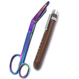 AAProTools Heavy Duty Reusable Penlight + Multi Rainbow Color Nurse Doctor Medical Lister Bandage Scissors Shears One Large Ring (Brown + Bandage Scissors 5.5")