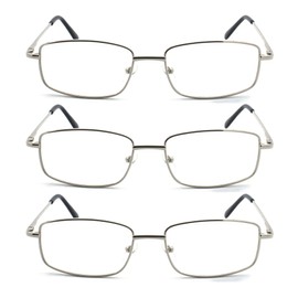 EYE ZOOM 3 Pack Extra Wide Rectangular Metal Reading Glasses for Men and Women (Silver, +3.00)