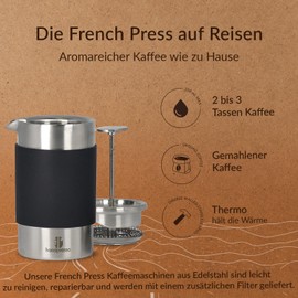 Handpresso Travel Press with Bag | 0.35 Litres (2-3 Cups) | French Press Stainless Steel | Coffee Press Double-Walled Insulated | Thermal French Press with Replacement Filter for Camping or Travel