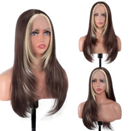 Brown Mix Blonde Long Straight Layered Wig 26 Inches Long Straight Wigs for Women Synthetic Lace Front Wig Middle Part Synthetic Wigs for Daily Cosplay Party Use(#Brown Mix Blonde, 26 Inch)