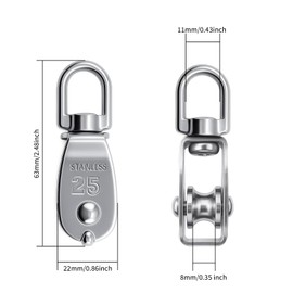 8Pcs M25 Single Pulley Block 304 Stainless Steel Single Wheel Wire Towing Wheel 360 Degrees Swivel Pulley Hook Pulley Roller Smooth Lifting & Towing Solution for Garage, Garden, Boat, Home Use