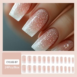 Medium Coffin Shaped Press on Nails Glitter Fake Nails with Designs White French Tip False Nails Gradient Acrylic Nails Full Cover Sparkly Stick on Nails for Women Nail Art DIY 24 Pcs