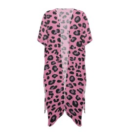 xixirimido Kimono Cardigans for Women Long Beach Coverups Flowy Half Sleeve Loose Lightweight Breathable Sheer Swimsuits Wraps Pink Black Leopard Print