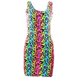 Neon Multi Colored Cheetah Animal Print Tube Bodycon Party Dress Costume (L, Multicolor)