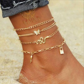 Yheakne Vintage Layered Crystal Butterfly Anklet Gold cuban link anklet Gold Snake Anklet Chain Lock Dangle Ankle Bracelet Beach Layered Foot Chain Jewellery for Women and Girls (4Pcs)