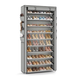 VTRIN Tall Shoe Rack with Cover, 10 Tier Shoe Organizer Storage for 50-55 Pairs Shoes and Boots Large Capacity Shoe Shelf with 8 Pockets Free Standing Shoe Rack for Closet, Entryway, Garage, Grey