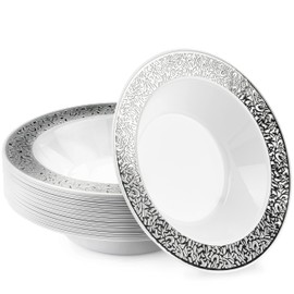 MATANA - 20 Premium Plastic Party Bowls with Silver Lace Rim - 18cm / 7" - Multi-Use Plastic Bowls Perfect for Picnic, Party Food, BBQ, Garden Party