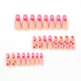 Heart Press on Nails Long Coffin Valentines Fake Nails, Pink French Red Hearts Lips Design Frosted Acrylic Nails Kit, False Nails New Year Fashion Nail Decorations 24 Pcs