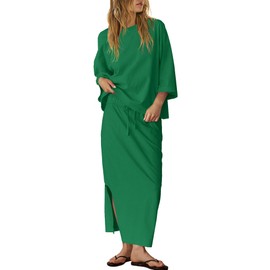 LAMISSCHE Skirt Sets Women 2 Piece Outfits Casual Lounge Set Back Vented Tops and Maxi Dress with Pockets(Green,M)