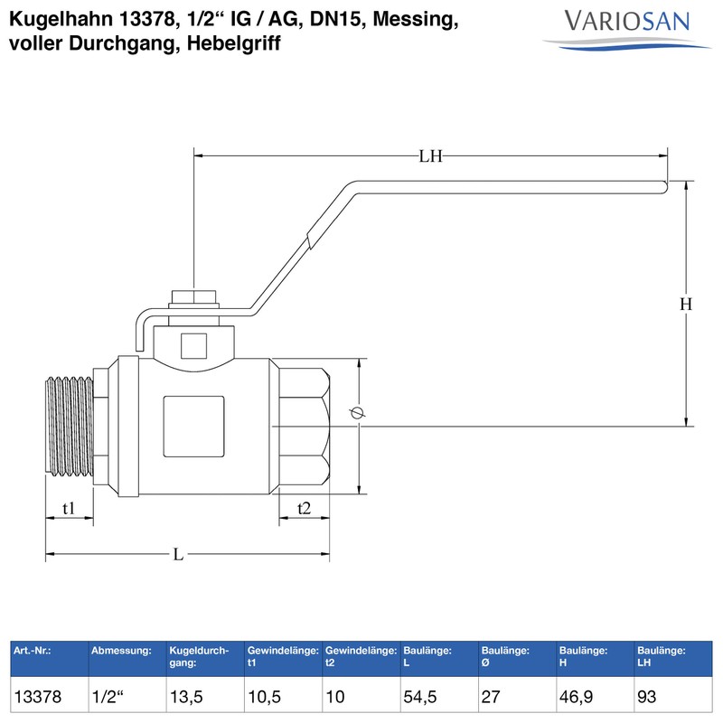 VARIOSAN Ball Valve 13378, 1/2 Inch Female Thread/AG, DN15, Brass,