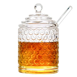 Iyulania Glass Honey Jar with Lid and Dipper, Honeycomb-Inspired Design Container, Heavy Honey Pot for Home Kitchen (10 oz)