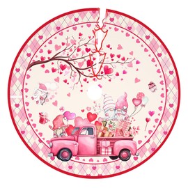 Rovozar Valentine's Day Tree Skirt, Pink Gnome Tree Skirt 36 Inch, Pink Truck Christmas Tree Decoration, Gifts for Valentine's Day Anniversary Engagement Party Decor