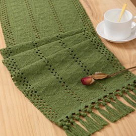 DeZerlor Macrame Table Runner 12 x 36 Inches Boho Farmhouse Table Runner with Tassels Cotton Linen Woven Table Runner for Spring Dining Table Home Decor, Olive Green
