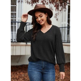 Black Sweaters for Women,2025 Fall Tunic Sweaters Long Puff Shirts or Tops to Wear with Leggings Ribbed Textured Thin Lightweight V Neck Button Oversized Work Blouse Professional Office Black L