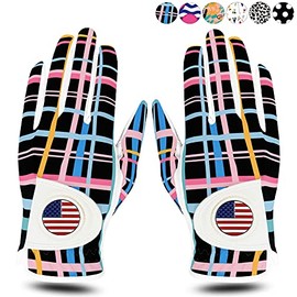 Golf Gloves Women Pair with Ball Markers Soft Leather Pair Both Hand All Weather Grip Non Slip Breathable Glove for Ladies Girls Size S M L XL (Black Grid, Small)