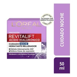 L'Oreal Paris Revitalift Ácido Hialurónico Crema Hidratante de Noche, Hidrata Intensamente y Rellena Líneas de Expresión, 50 ml.