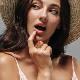 AGRULE Cocktail Party Ring for Women 14K Gold Plated Sterling Silver Band Statement Couple Ring for Anniversary Wedding Peridot Leaf Red Garnet Flower Ring