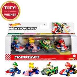 Hot Wheels Mario Kart Vehicle 4-Pack Set of 4 Fan Favourite Characters Includes 1 Exclusive Model, Collectible Gift for Kids & Fans Ages 3 Years Old & Up