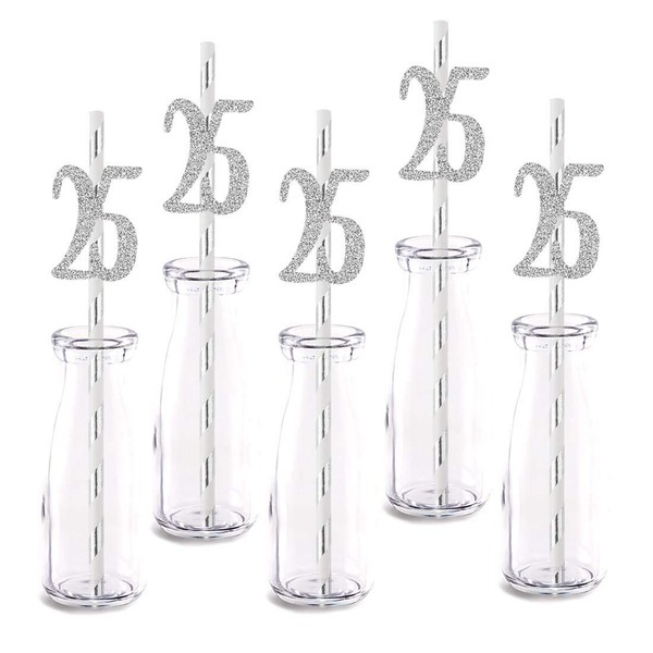 Silver Happy 25th Birthday Straw Decor, Silver Glitter 24pcs Cut-Out Number 25 Party Drinking Decorative Straws, Supplies