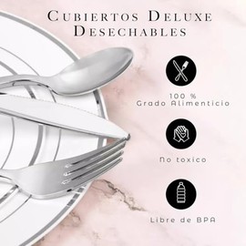 Cubiertos Elegantes Reutilizables Plástico Premium 150 Piezas para Fiestas Bodas Eventos Reuniones Vajilla Platos Tenedores Cuchillos Cucharas Resiste
