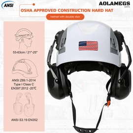 Aolamegs Safe Hard Hat with Chin Strap and Hearing Protection-OSHA Approved Construction Hard Hats with Earmuffs for Men Women,Vented Forestry Chainsaw Arborist Helmet,6 Point Suspension White Hardhat