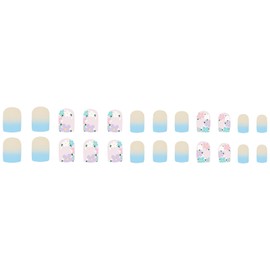 Spring Summer Press on Nails Short Square Fake Nails with Colorful Flower Design Blue Nail Tip Acrylic Nails Reusable False Nails Full Cover Glossy Stick on Nails for Women Summer Manicure 24Pcs