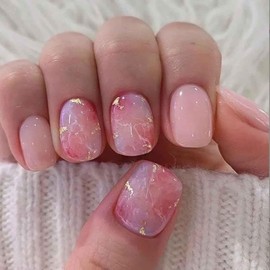 Enppode Short Press on Nails Square Fake Nails Pink Nails Glossy Full Cover Nails for Women 24 PCS/Set