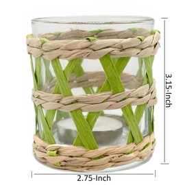 Rattan Woven Tea Light Candle Holder, Pack 2 Seagrass Hand Woven Green & Brown Votive Tealight Candle Holder Glass Hurricane, Indoor Outdoor, for Home Dining Table Holiday Decor