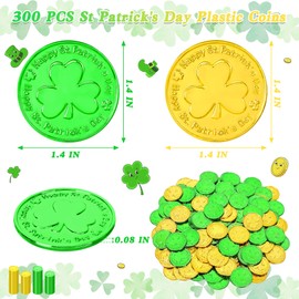 300 PCS St Patricks Day Decorations, 1.4 in St Patricks Day Gold Coins, Gold Green Shamrock Coins Fake Coins Plastic Coins St Patricks Tokens, St Patricks Day Party Supplies Shamrock Decor