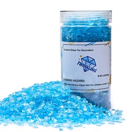 TWINKLING High Luster Fire Glass Gravel Stone Glitter,Broken Glass,Fire Gems Chips,Crushed Glass for Fire Pit Crafts Resin Art Aquarium Garden Decoration,3-6mm,1-Pound Jar (Ocean Blue)