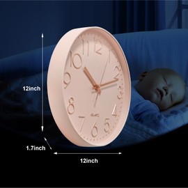 Chedin 30 cm Round Wall Clock without Ticking Noises Modern Quartz Wall Clock without Ticking Noise, Wall Clock for Children, Large Clock Movement for Wall Clock Silent (Pink/Rose Gold)