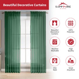 Sapphire Home Hunter Green Sheer Curtains - 84 Inches Length, 2 Panels Set Sheer Drapes, Light Filtering Textured Window Curtain for Living Room, Bedroom, Kitchen & Dining Room - 54"x84", Hunter Green