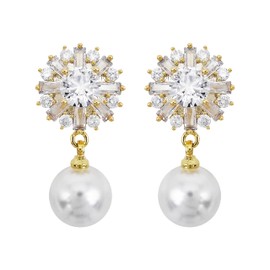 Hiqmic 925 Sterling Silver Post Snowflake Zirconia Pearl Dangle Drop Earrings Ear Stud White Gold Plated Fashion Women Jewelry Gift, WK90052, Silver, Cubic Zirconia