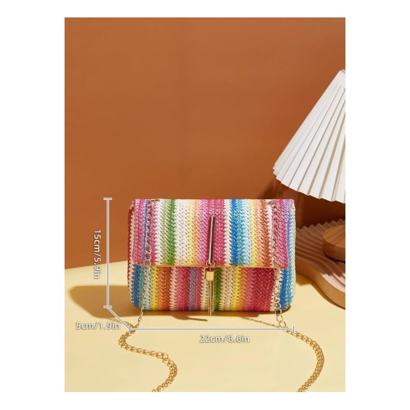 Disparatte Umhängetasche für Damen, aus Bast, geflochten, mehrfarbig, gestreift, elegant,