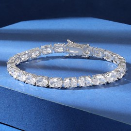 Gemsme 5 * 7MM Oval CZ Tennis Bracelet, 18K White Gold Plated Cubic Zirconia Link Bracelet for Women
