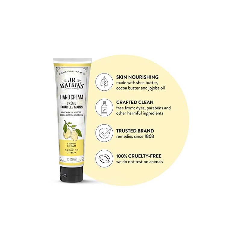 J.R. Watkins Natural Hand Cream, Lemon Cream, 3.3 Ounce