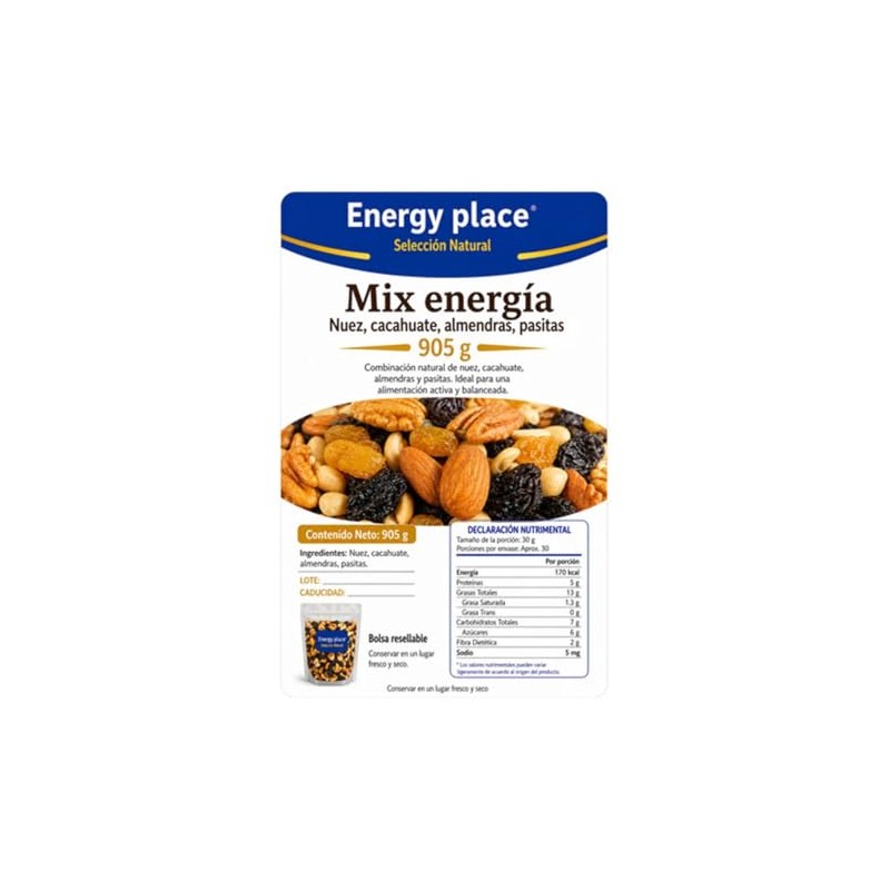 Mix Energía frutos secos: Nueces, Cacahuates, Almendras, Pasitas 905g