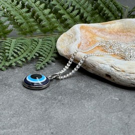 Evil Eye Charm Necklace - Blue, White and Black Resin Charm Pendant on 16 inch Silver Plated Curb Chain, Gift Idea for Her