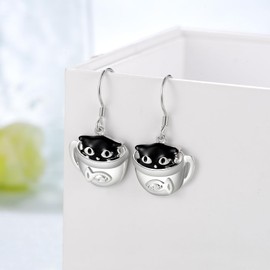 Black Cat Earrings 925 Sterling Silver Teacup Cat Dangle Earrings Cute Animal Jewelry Gifts for Women