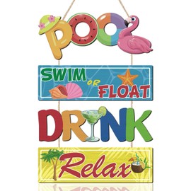 TOARTi 4PCS Wooden Pool Rules Signs Funny Pool Patio Sign Swim or Float Summer Pool Wood Sign Drink Relax Summer Party Decorations Beach Pool Wood Plaque