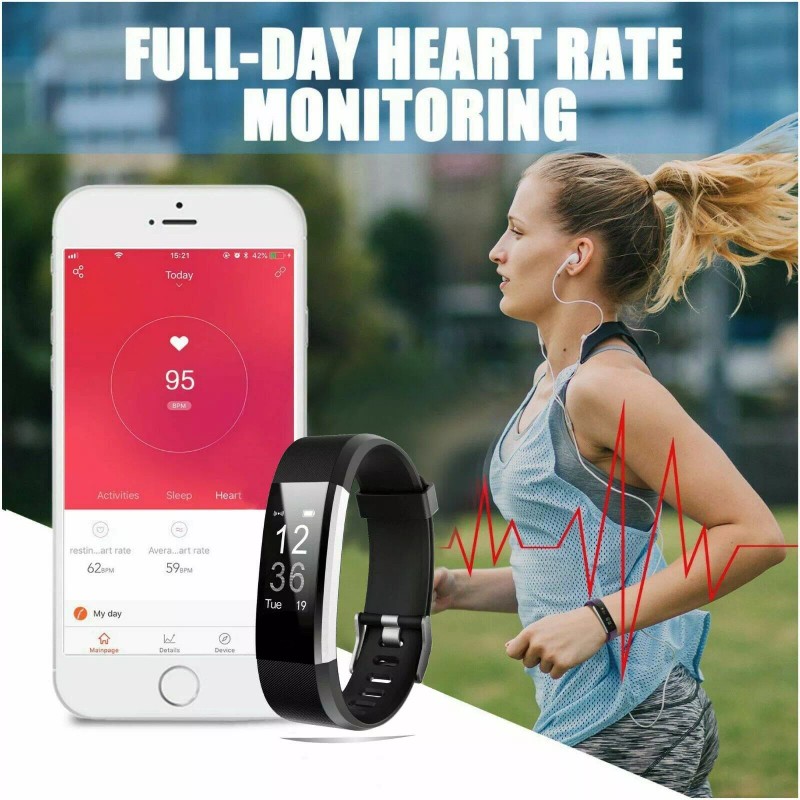 GMOT LETSCOM ID115PLUSHR BLKSmart Watch Wrstbnd Fitness Trckr Blood Prssur