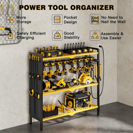 NattyDot Large Power Tool Organizer Cart with Charging Station 8 Drill Holder Garage Storage Standing Heavy Duty and Stability Storage Rack Utility Tool Shelf (Yellow)