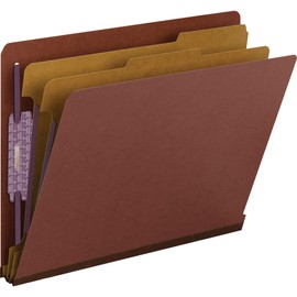 Smead 100% Recycled End Tab Pressboard Classification File Folder with SafeSHIELD Fasteners, 2 Dividers, 2" Expansion, Letter Size, Red, 10 per Box (26860)