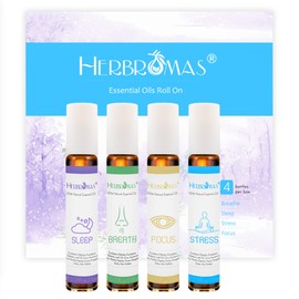HERBROMAS Aromatherapy Oils Roller Set, Natural Pre-diluted Essential Oils Roll On with Glass Rollerball, Relaxation Gift for Women & Men, Christmas Gift, Pack 4 x 0.33fl.oz