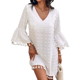 CHICME Women's 2025 Summer Dress Swiss Dot V Neck Bell Sleeve Shift Dress Casual Flowy Mini Dresses-L White