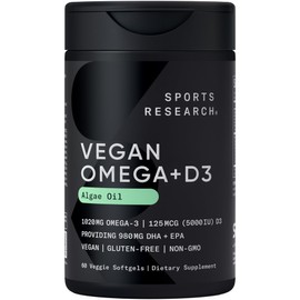 Sports Research Vegan Omega-3 with Vitamin D3 Softgels - 1020mg Omega-3 & 5000iu D3 Supplement - Fish Oil Alternative with Vitamin D - Plant-Based Support from Algae Oil - 60 Veggie Softgels for